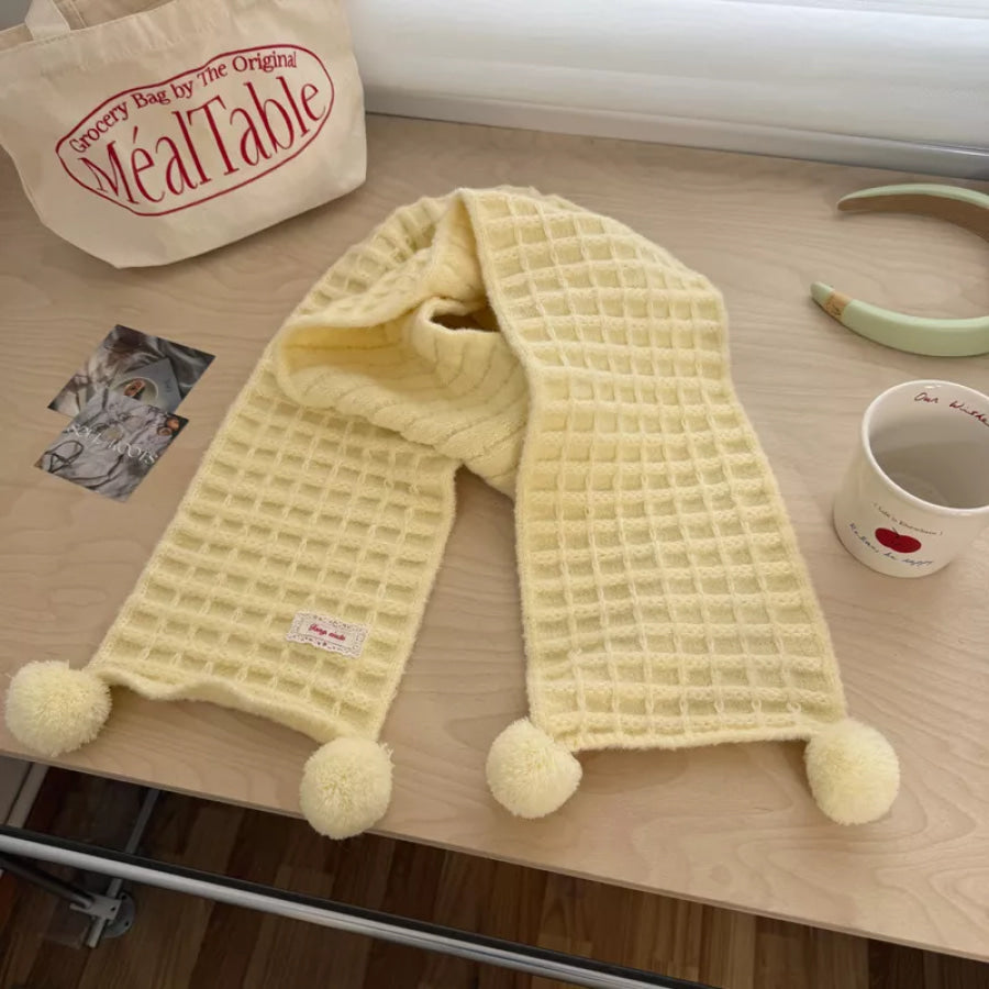 Waffle Knit Pom-Pom Scarf Creamy Yellow / ONESIZE Apparel and Accessories