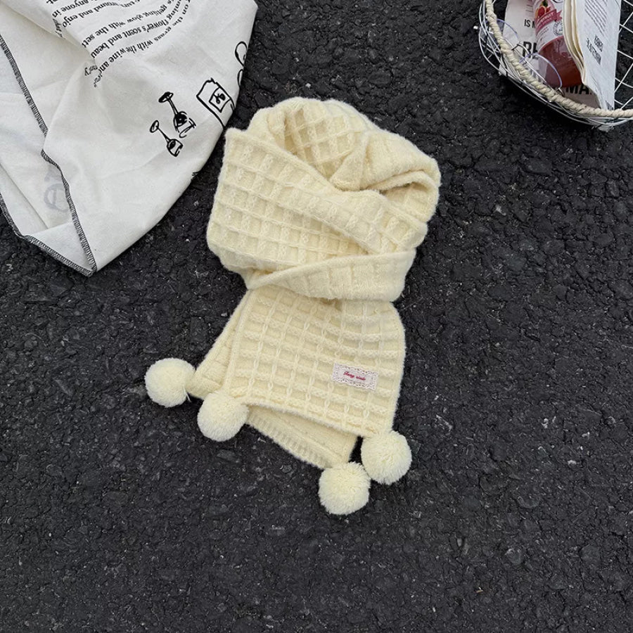 Waffle Knit Pom-Pom Scarf Milky White / ONESIZE Apparel and Accessories