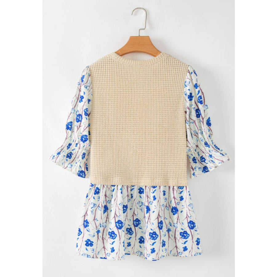 Waffle-Knit Printed Round Neck Flounce Sleeve Blouse Apparel and Accessories