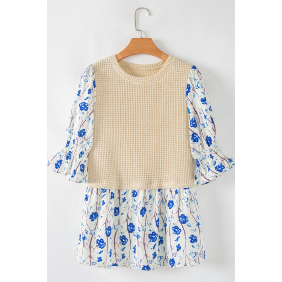 Waffle-Knit Printed Round Neck Flounce Sleeve Blouse Apparel and Accessories