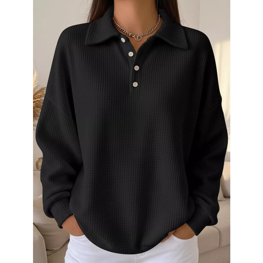 Waffle Knit Quarter-Button Polo T-Shirt Black / S Apparel and Accessories