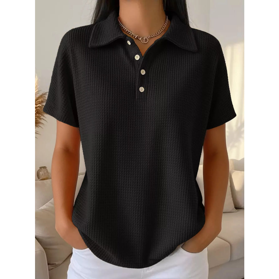 Waffle Knit Quarter-Button Polo T-Shirt Black Short Sleeve / S Apparel and Accessories