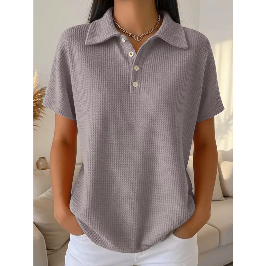 Waffle Knit Quarter-Button Polo T-Shirt Gray Short Sleeve / S Apparel and Accessories