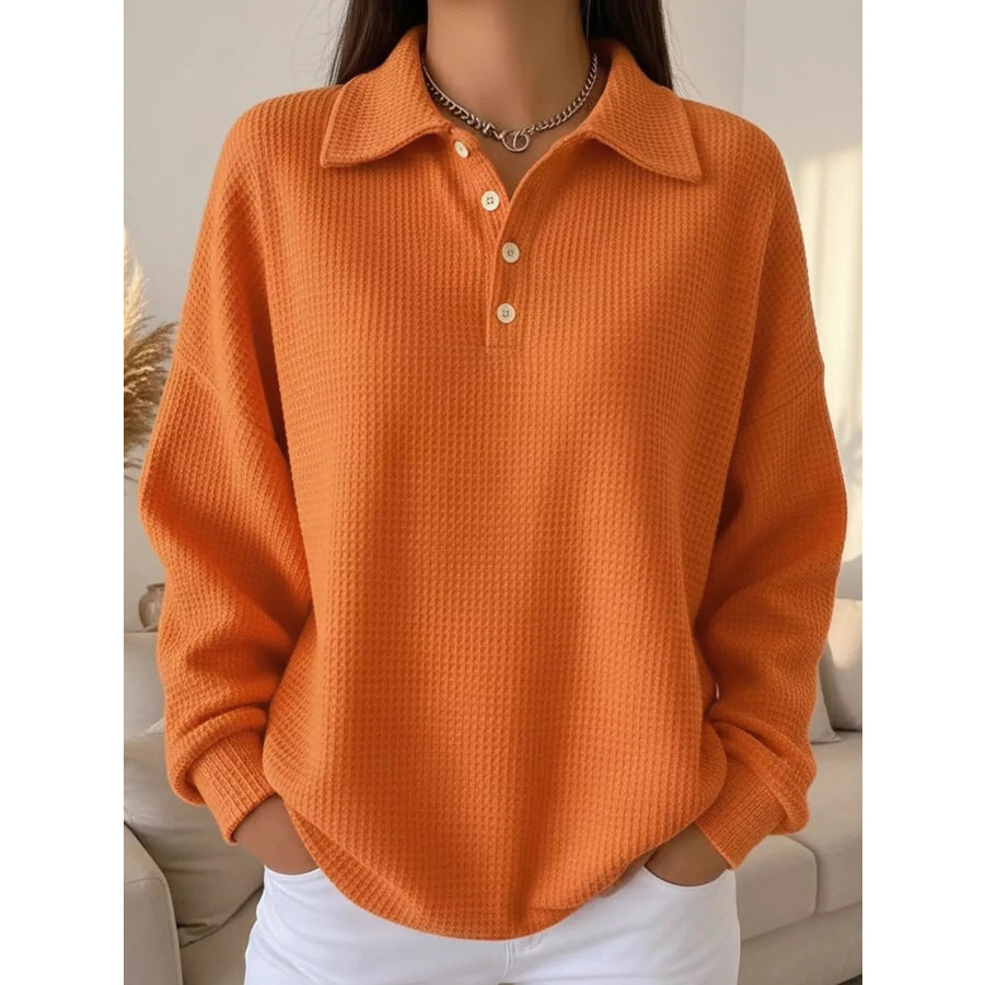 Waffle Knit Quarter-Button Polo T-Shirt Orange / S Apparel and Accessories