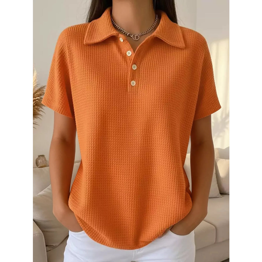 Waffle Knit Quarter-Button Polo T-Shirt Orange Short Sleeve / S Apparel and Accessories
