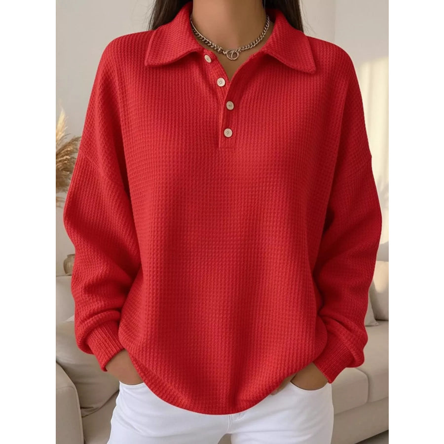 Waffle Knit Quarter-Button Polo T-Shirt Red / S Apparel and Accessories