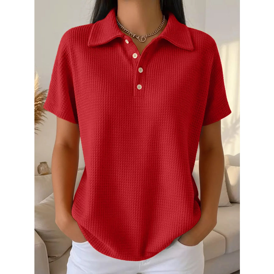Waffle Knit Quarter-Button Polo T-Shirt Red Short Sleeves / S Apparel and Accessories