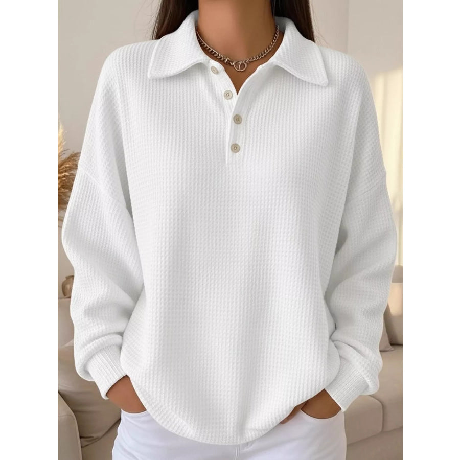 Waffle Knit Quarter-Button Polo T-Shirt White / S Apparel and Accessories