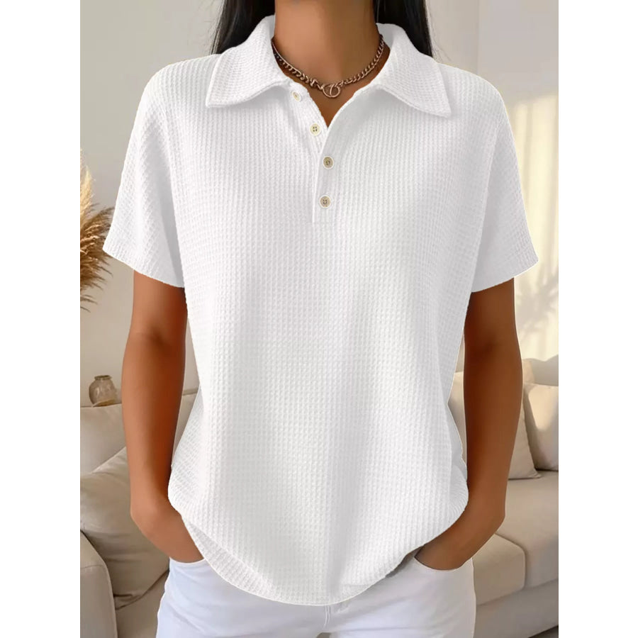 Waffle Knit Quarter-Button Polo T-Shirt White Short Sleeves / S Apparel and Accessories