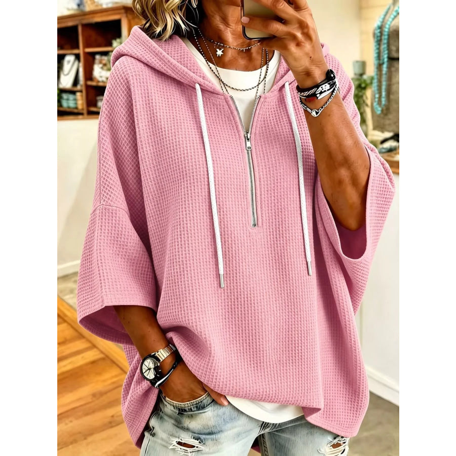 Waffle Knit Quarter-Zip Hoodie Dusty Pink / S Apparel and Accessories