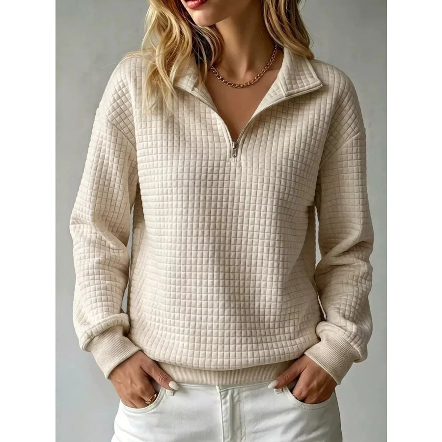 Waffle Knit Quarter-Zip Sweatshirt Beige / S Apparel and Accessories