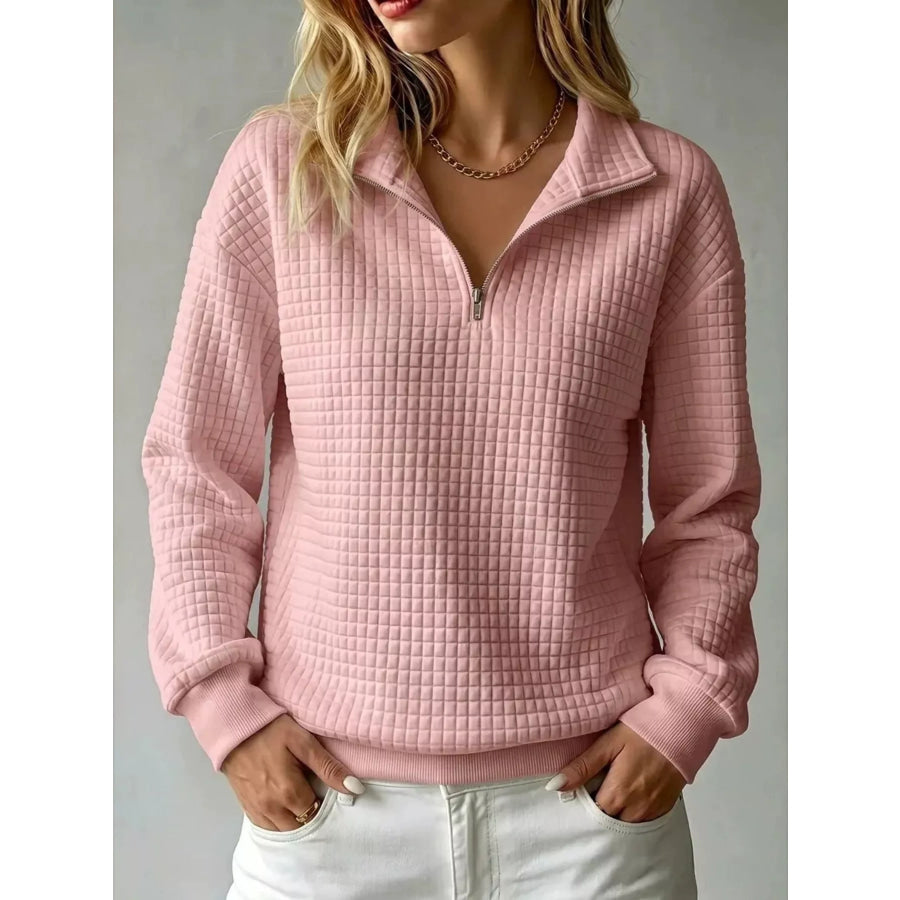 Waffle Knit Quarter-Zip Sweatshirt Dusty Pink / S Apparel and Accessories