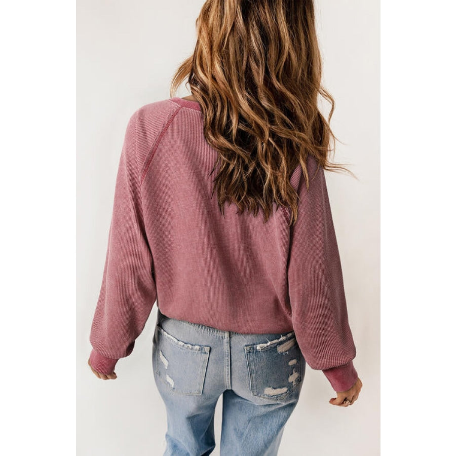 Waffle Knit Raglan Sleeve Henley Sweatshirt Clothing