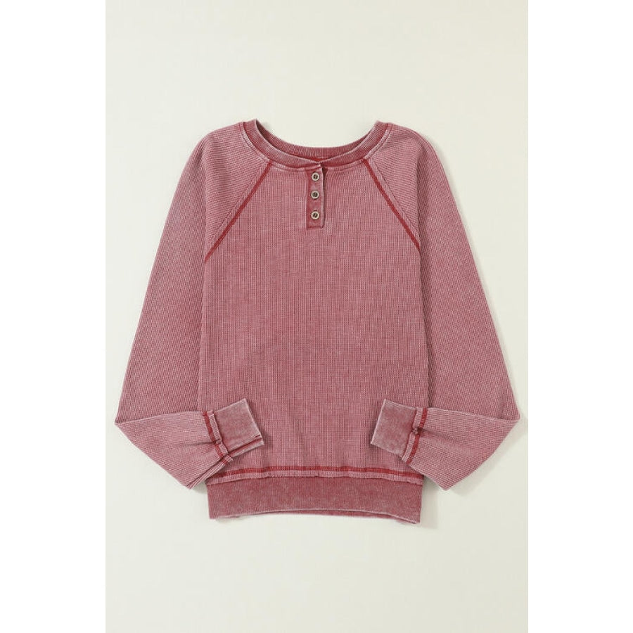 Waffle Knit Raglan Sleeve Henley Sweatshirt Clothing