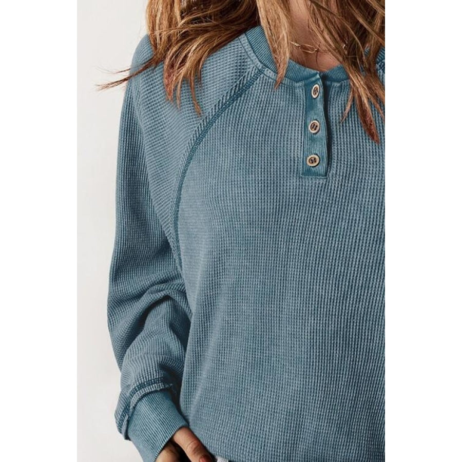 Waffle Knit Raglan Sleeve Henley Sweatshirt Clothing