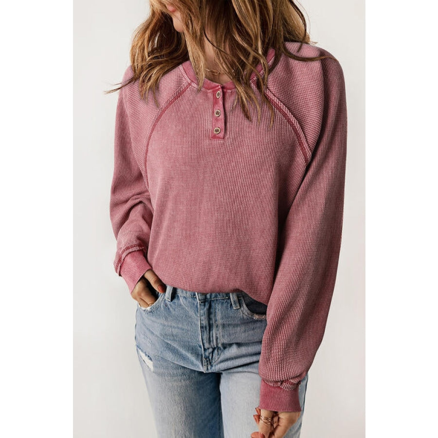 Waffle Knit Raglan Sleeve Henley Sweatshirt Moonlit Mauve / S Clothing