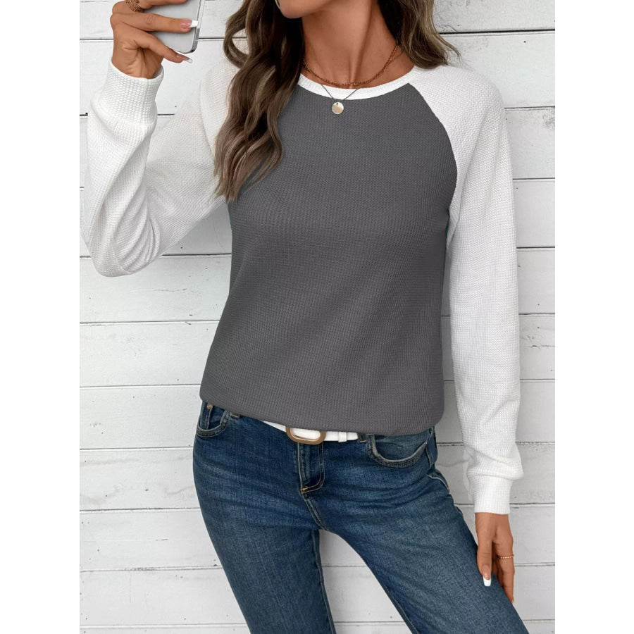 Waffle Knit Raglan Sleeve T-Shirt Gray / S Apparel and Accessories