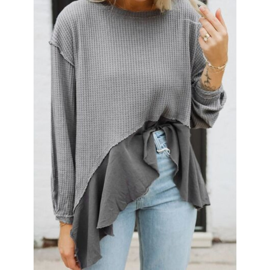 Waffle-Knit Round Neck Dropped Shoulder T-Shirt Clothing