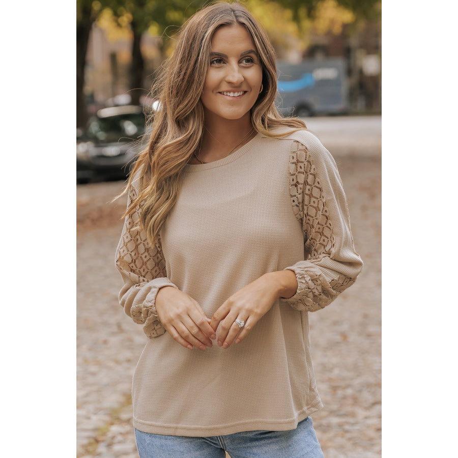 Waffle - Knit Round Neck Long Sleeve Blouse Apparel and Accessories