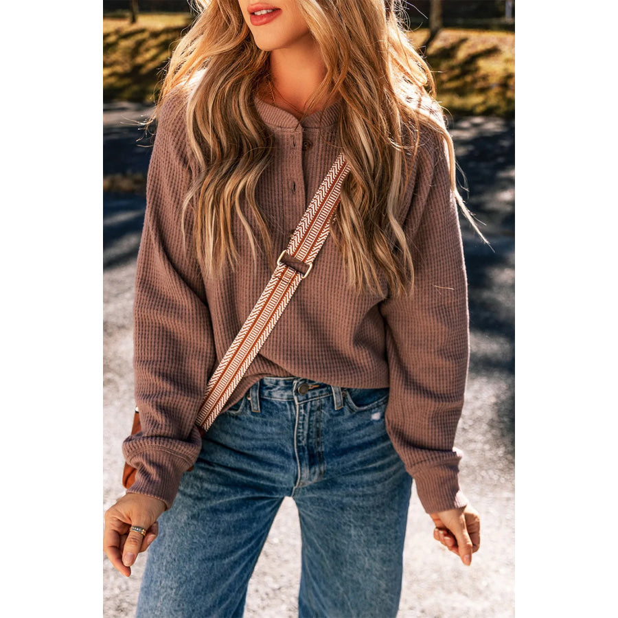 Waffle-Knit Round Neck Long Sleeve Blouse Apparel and Accessories