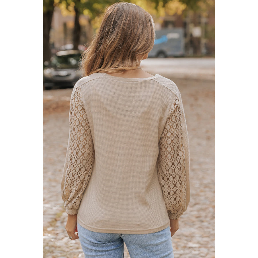 Waffle - Knit Round Neck Long Sleeve Blouse Apparel and Accessories