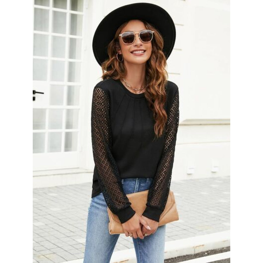 Waffle - Knit Round Neck Long Sleeve Blouse Apparel and Accessories