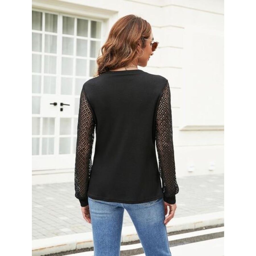 Waffle - Knit Round Neck Long Sleeve Blouse Apparel and Accessories