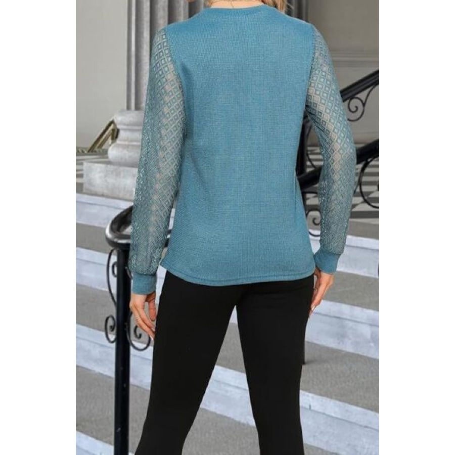 Waffle - Knit Round Neck Long Sleeve Blouse Apparel and Accessories