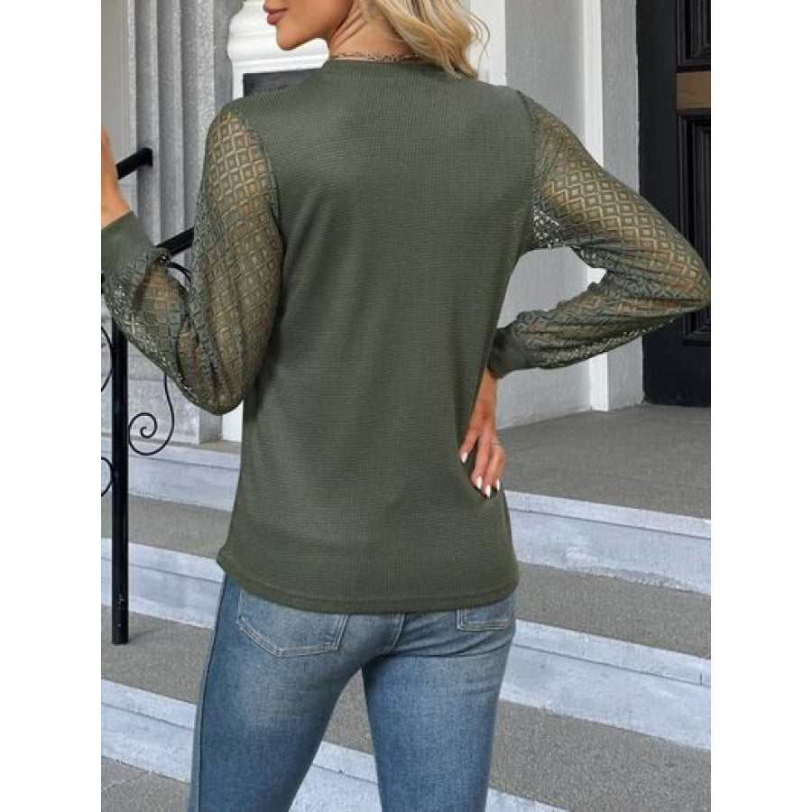 Waffle - Knit Round Neck Long Sleeve Blouse Apparel and Accessories