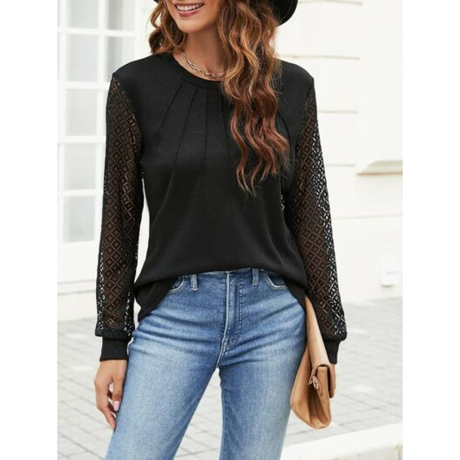 Waffle - Knit Round Neck Long Sleeve Blouse Black / S Apparel and Accessories