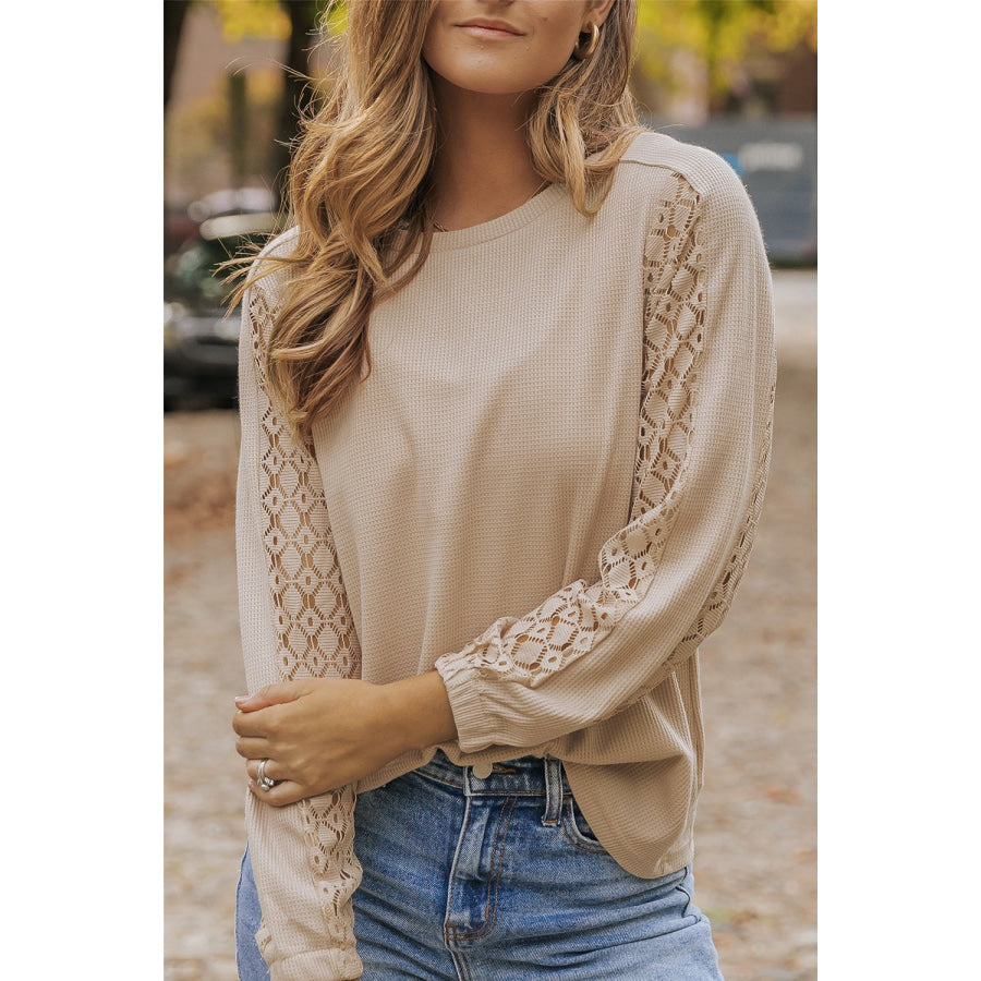 Waffle - Knit Round Neck Long Sleeve Blouse Khaki / S Apparel and Accessories