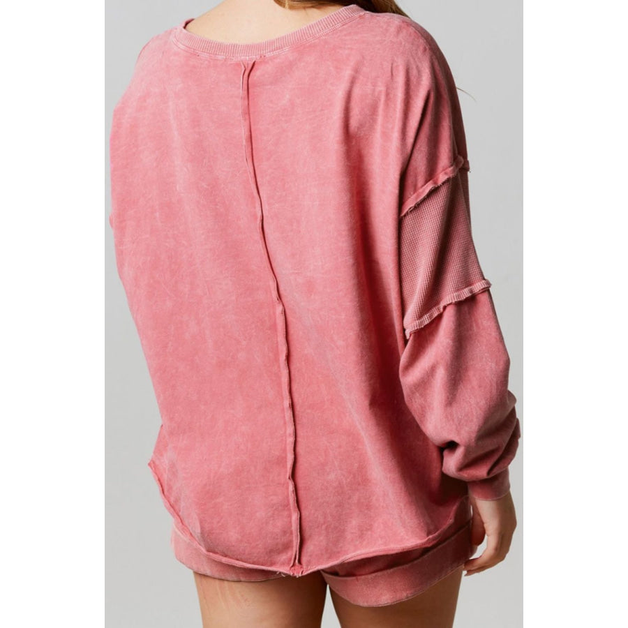 Waffle-Knit Round Neck Long Sleeve Sweatshirt Dusty Pink / S Apparel and Accessories