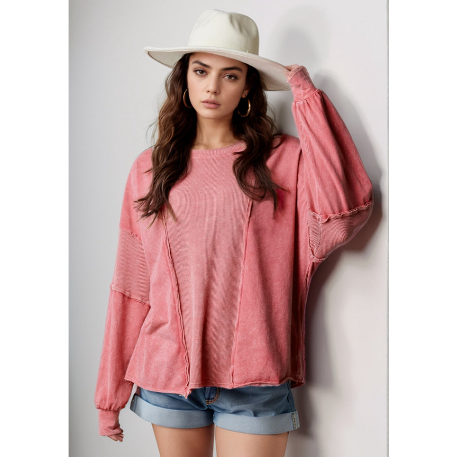 Waffle-Knit Round Neck Long Sleeve Sweatshirt Dusty Pink / S Apparel and Accessories