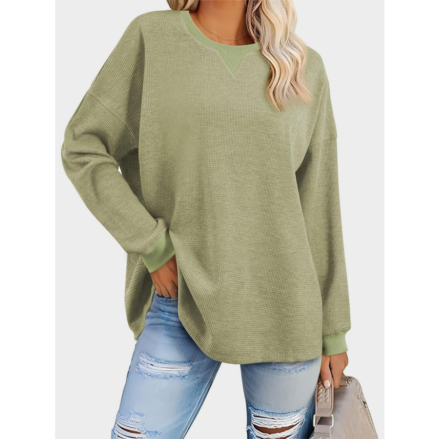 Waffle Knit Round Neck Long Sleeve T-Shirt Apparel and Accessories