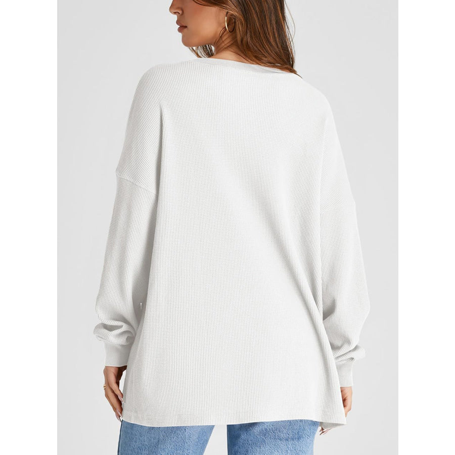 Waffle Knit Round Neck Long Sleeve T-Shirt Apparel and Accessories