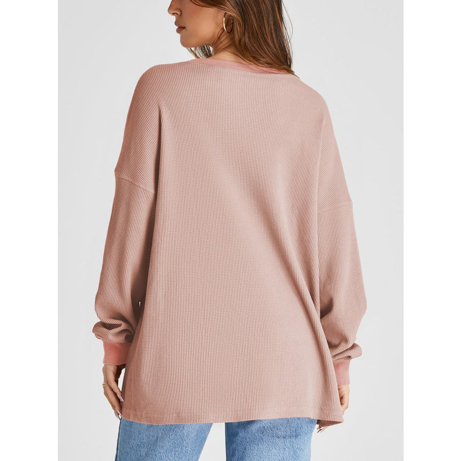 Waffle Knit Round Neck Long Sleeve T-Shirt Apparel and Accessories