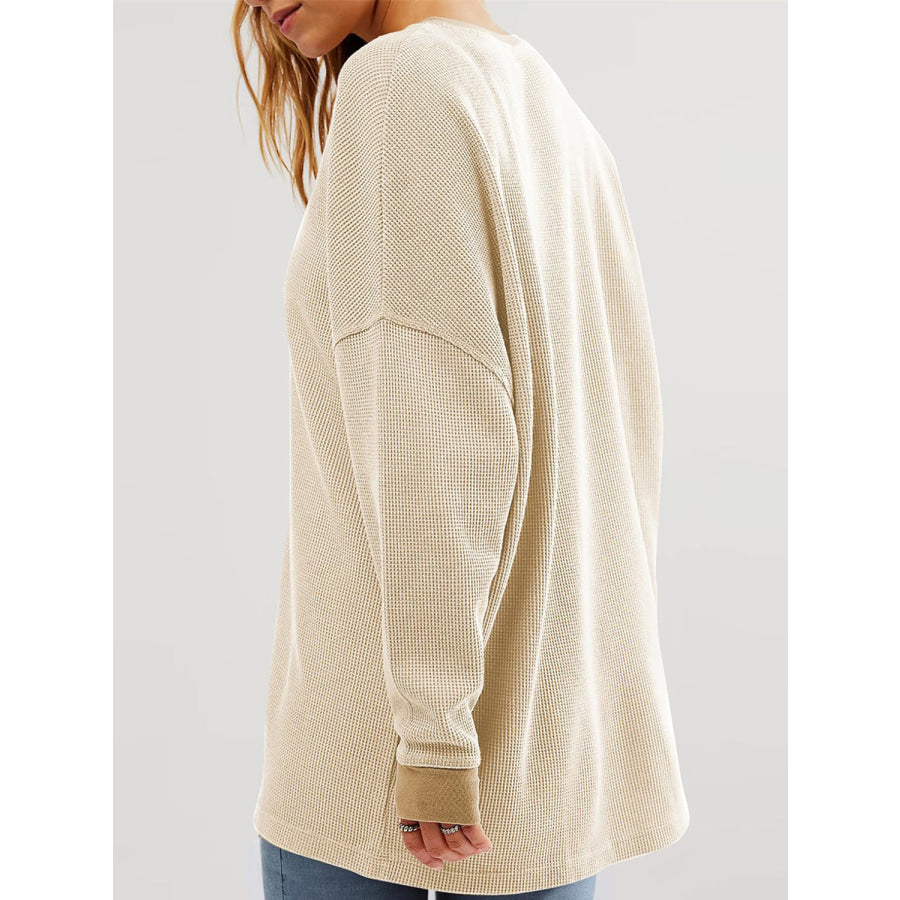 Waffle Knit Round Neck Long Sleeve T-Shirt Apparel and Accessories