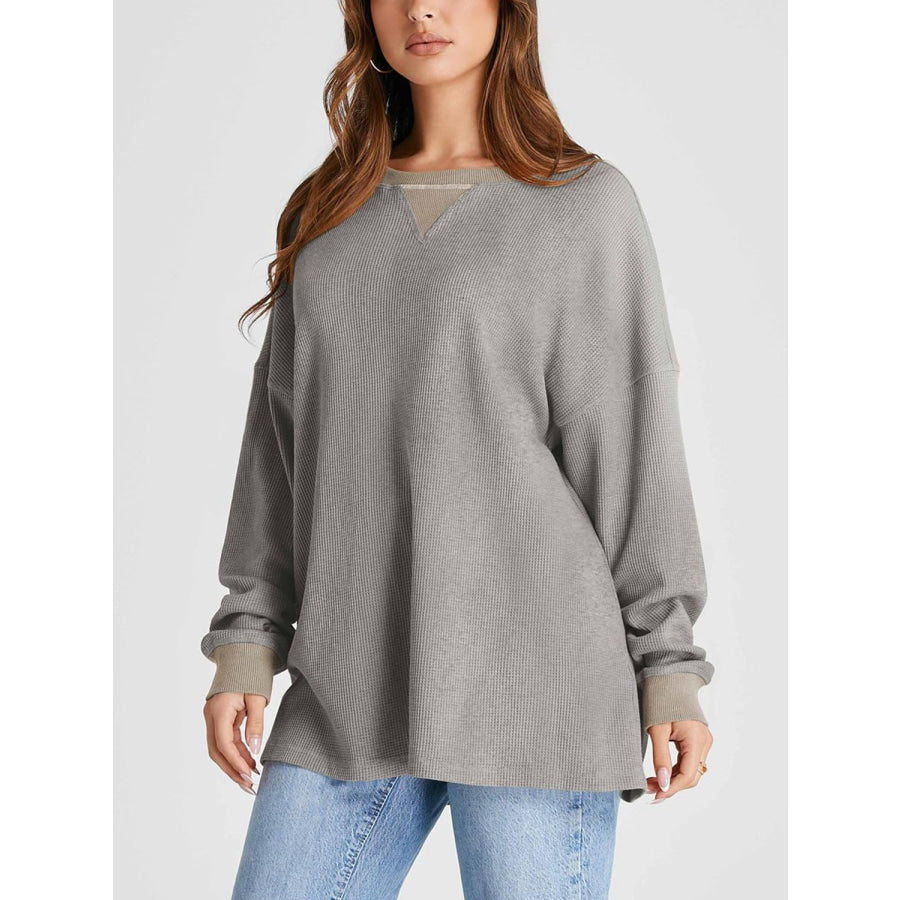 Waffle Knit Round Neck Long Sleeve T-Shirt Apparel and Accessories