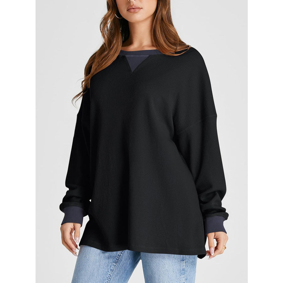 Waffle Knit Round Neck Long Sleeve T-Shirt Apparel and Accessories