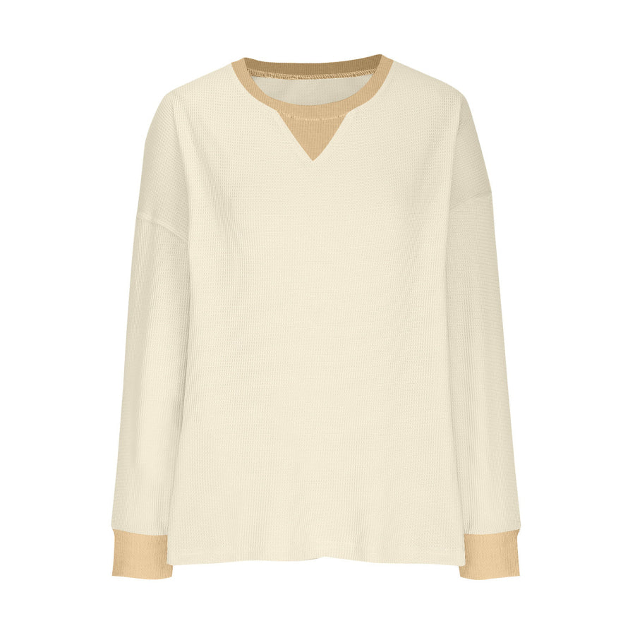 Waffle Knit Round Neck Long Sleeve T-Shirt Apparel and Accessories