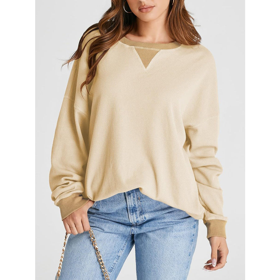 Waffle Knit Round Neck Long Sleeve T-Shirt Apparel and Accessories