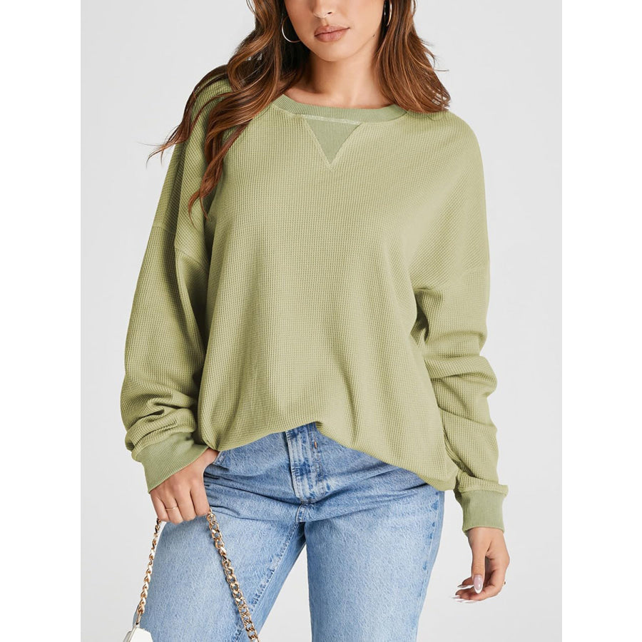 Waffle Knit Round Neck Long Sleeve T-Shirt Apparel and Accessories