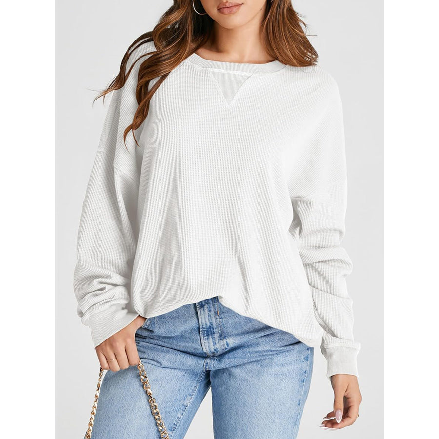 Waffle Knit Round Neck Long Sleeve T-Shirt Apparel and Accessories