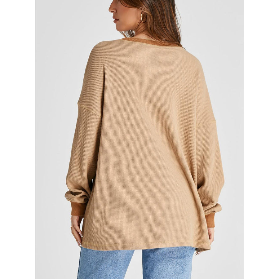 Waffle Knit Round Neck Long Sleeve T-Shirt Apparel and Accessories