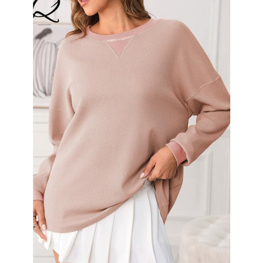 Waffle Knit Round Neck Long Sleeve T-Shirt Apparel and Accessories