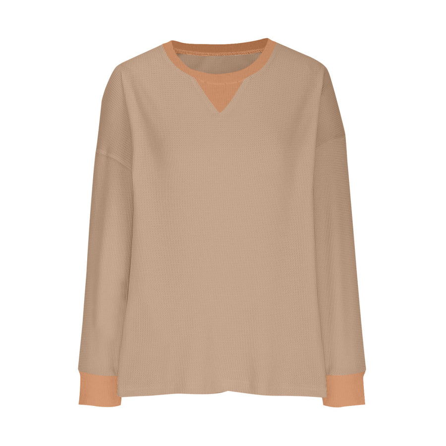 Waffle Knit Round Neck Long Sleeve T-Shirt Apparel and Accessories