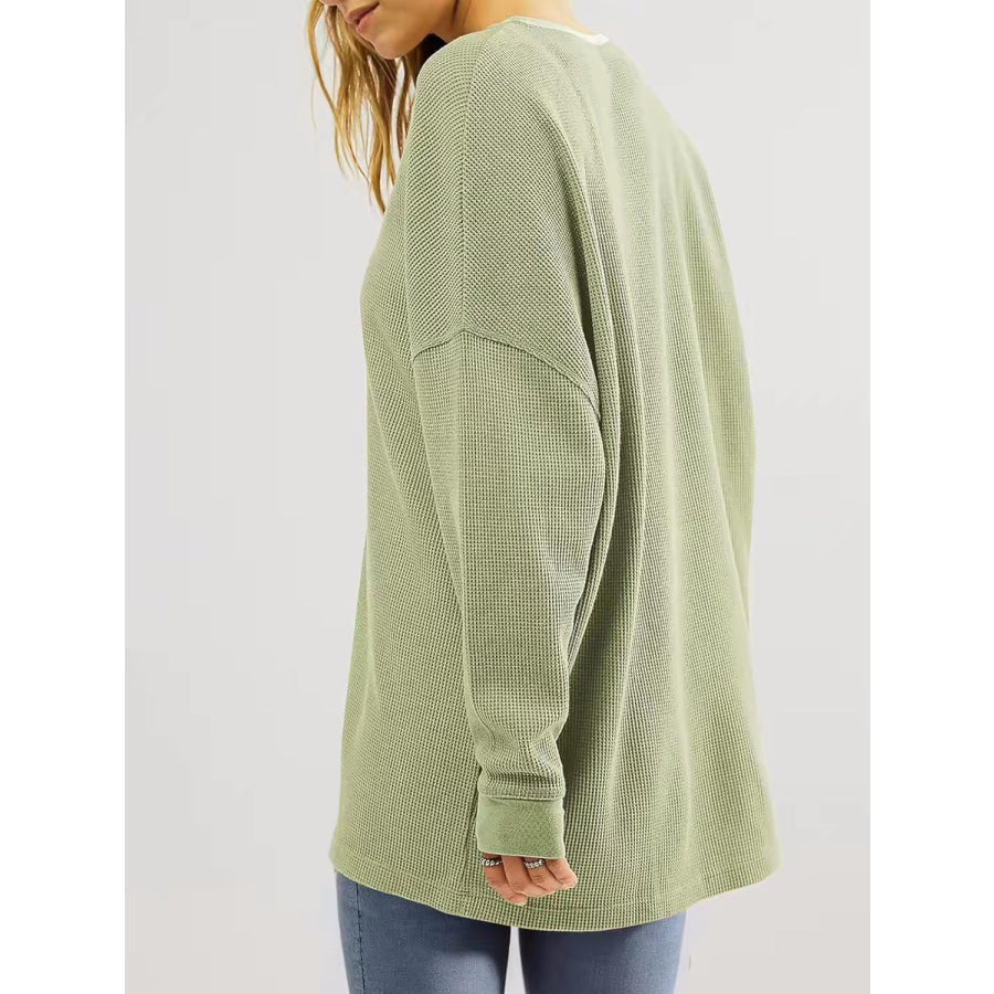 Waffle Knit Round Neck Long Sleeve T-Shirt Apparel and Accessories