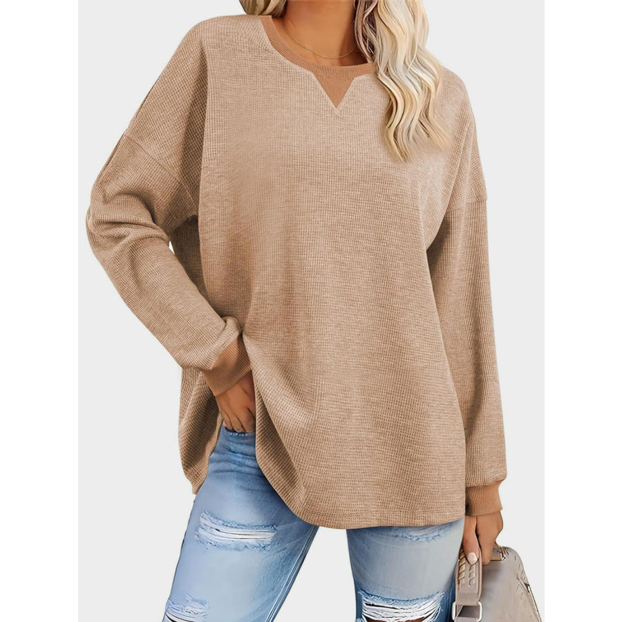 Waffle Knit Round Neck Long Sleeve T-Shirt Apparel and Accessories