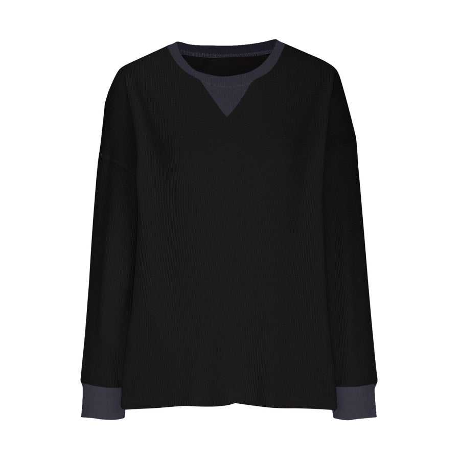 Waffle Knit Round Neck Long Sleeve T-Shirt Apparel and Accessories