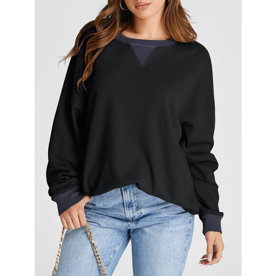 Waffle Knit Round Neck Long Sleeve T-Shirt Black / S Apparel and Accessories